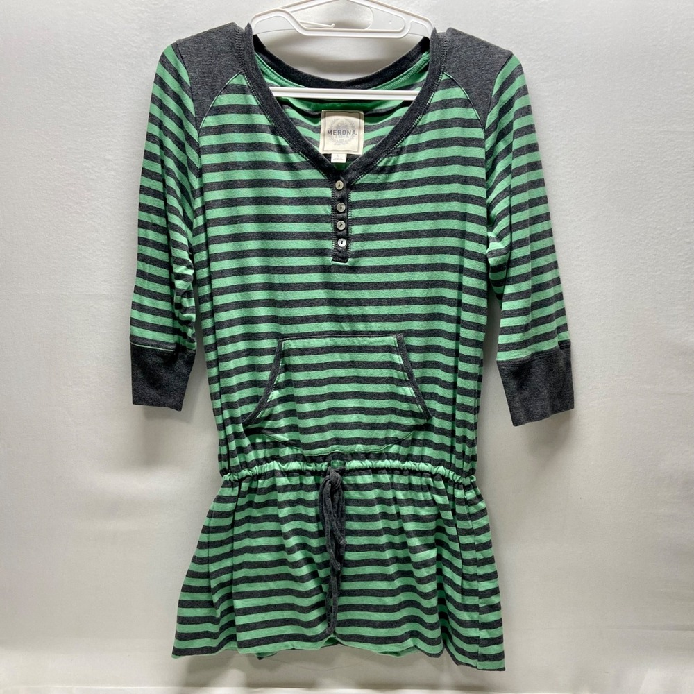 Merona Henley Shirt Women's Large Mint Green Gry Knit 3/4 Sleeve Cinch Waist Top